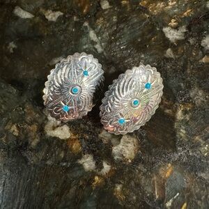 Southwestern Turquoise Sterling Silver Earrings 1.6 G‎ Concho Shield Navajo 1”